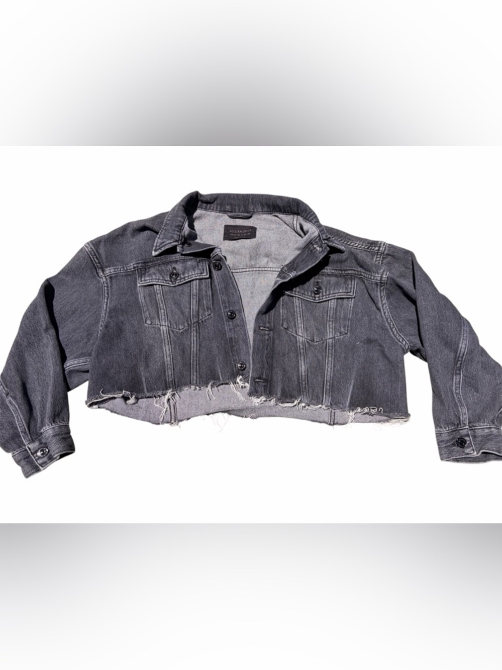 All Saints Cropped Frayed Hem Denim Jacket Womens Sz US 6 Black